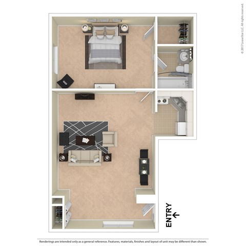 A floor plan of a room with a bed, a couch, a table, and a television.